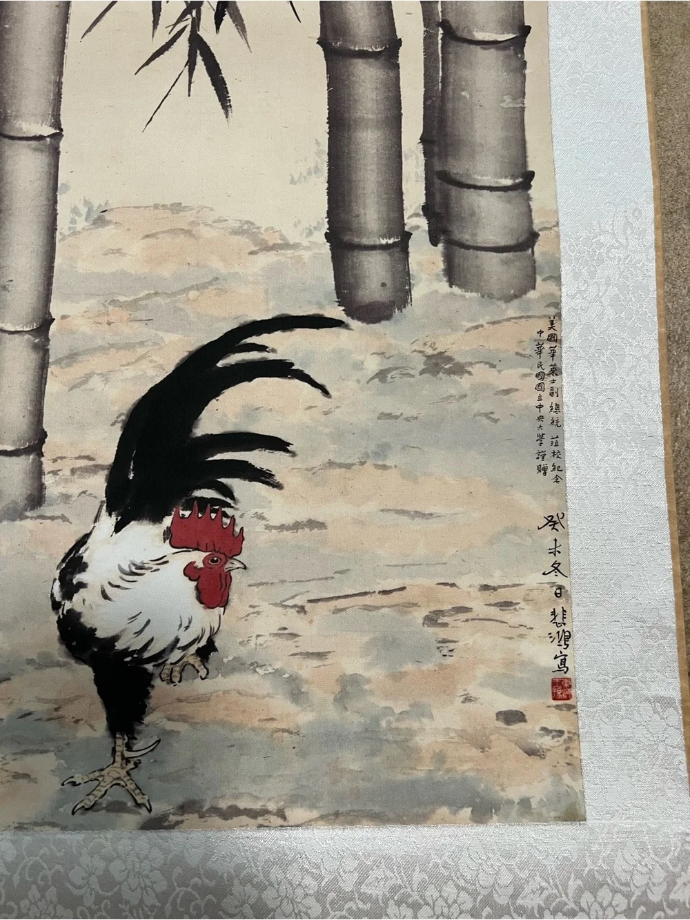 China Old Scroll Wall Hanging Painting Xu Beihong's Ink Painting of Rooster